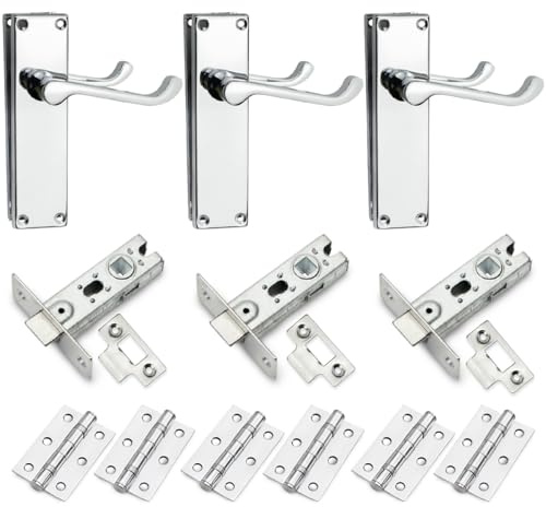 Bwintech 3-Set VACTORIAN Door Handle Set in Polished Chrome, Complete with Door Handle, 65 mm Steel Latch Bolt and 75 mm Ball Bearing Hinge, for Interior Wooden Doors.