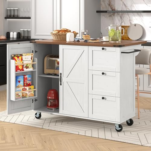 KecDuey Kücheninselwagen,Kücheninsel,Servierwagen mit ausziehbarer Arbeitsplatte, Küchenschrank,Küchentrolley,Speisewagen mit Holzmaserung, Speisewagen mit Zwei Türen und DREI Schubladen