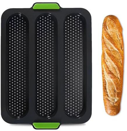 SNSYGN Baguette Baking Tray, 3 Cavity French Bread Pan Non-Stick Baguette Mould Perforated Baking Pan for Baking Loaves, French Breads, Breadstick, Bread Rolls (Grey)