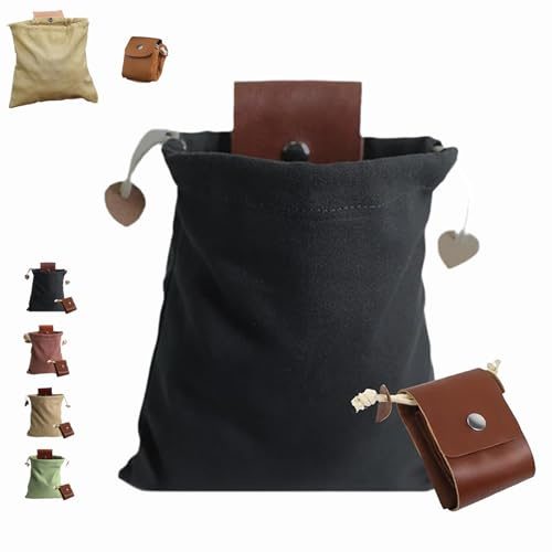Sturdy Waxed Canvas Foraging Bag, Independenct Belt Bag, Outdoor Storage Drawstring Collapsible Leather Canvas Pouch for Travel Camping Hiking (Schwarz)