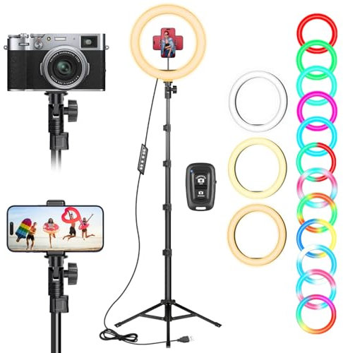 Anneau lumineux LED de 25,4 cm avec trépied et support pour téléphone portable RVB à intensité variable avec lampe annulaire pour YouTube, enregistrement vidéo, selfie, flux en direct, photographie de