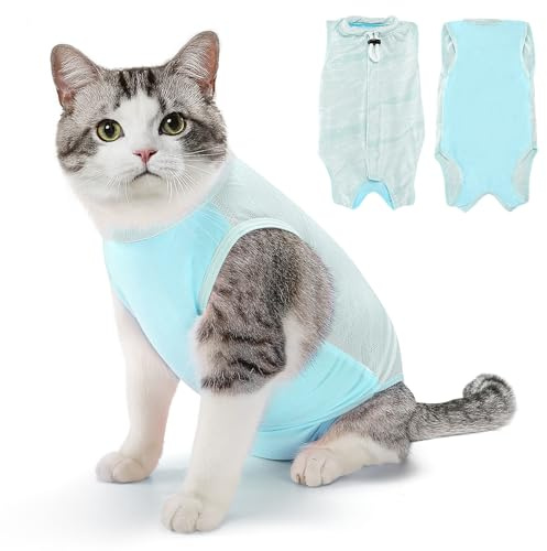 Eyein Katzenbody nach OP, Atmungsaktiver bequemer Erholungsanzug Anti-leckende Katzen-Operationsanzug mit Mesh Design für Katze Body Operation - Katzen Kätzchen E-Halsband Alternative (Hellblau, L)
