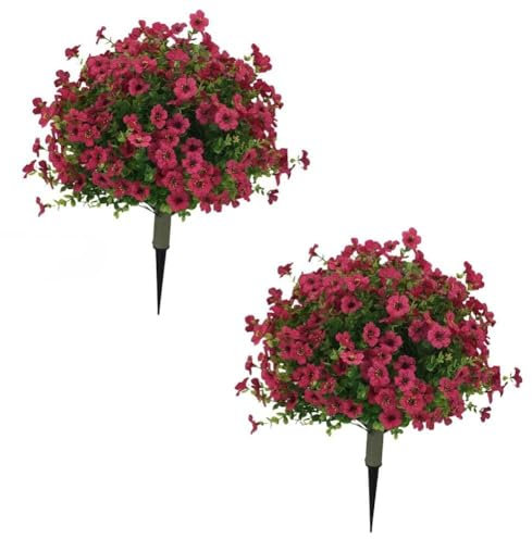 Confezione da 2 alberi artificiali in legno di bosso con fiori rossi, 61 cm, piante finte resistenti ai raggi UV, per esterni