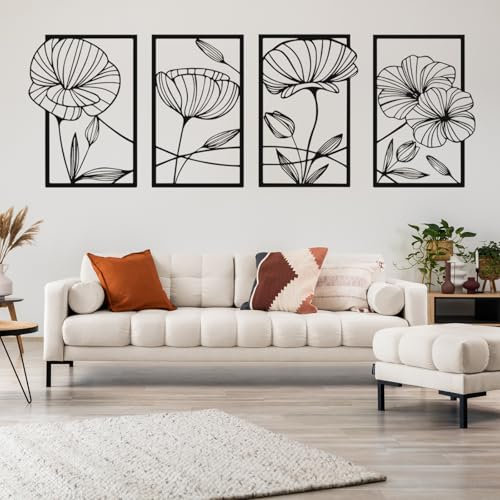 4 Pezzi Decorazione da Parete In Metallo, Quadri con Fiori, Moderno Soggiorno Decorazioni Parete, Sculture a Parete In Forma di Loto, Minimalista Decorazione da Parete per Camera da Letto (Nero)