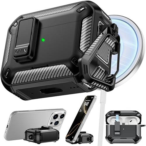 RFUNGUANGO für AirPods Pro 2 Hülle mit Reinigungsset und Handyhalter,Kompatibel mit Magsafe, Rücken Magnetladung, Kompatibel mit Apple AirPods Pro 2nd/1st Generation Hülle, Schwarz