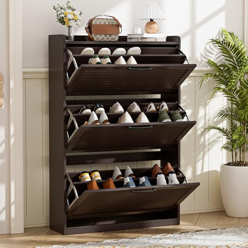 BonVache Schuhschrank Schmal, Schuhkipper mit Lamellentür, Schuhregal mit 3 Klappen, Schuhkommode mit 6 Verstellbar Ablageflächen, Schuhaufbewahrung für Flur, 80x24x120 cm, Kaffee