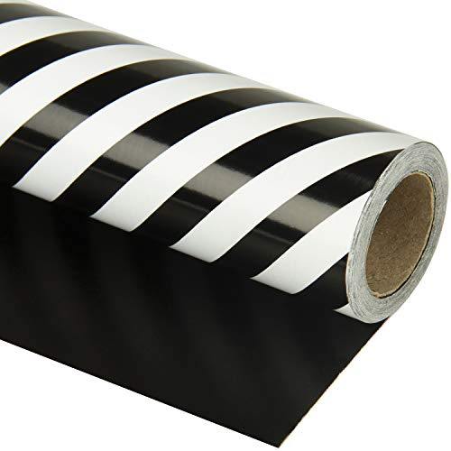 RUSPEPA Papel De Regalo Reversible - Mini Rollo - 43,2 Cm X 10 M - Diseño Negro Y Rayas Para Navidad, Cumpleaños, Bodas Y Baby Shower