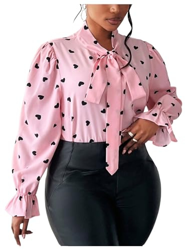 WDIRARA Women's Plus Size Heart Print Bow Tie Neck Long Sleeve Blouse Office Shirt Top Pink 5X-Large Plus