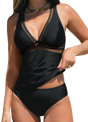 CUPSHE Conjunto de tankini para mujer, traje de baño de dos piezas, cuello en V, traje de baño de malla entrecruzada en la espalda con tirantes ajustables
