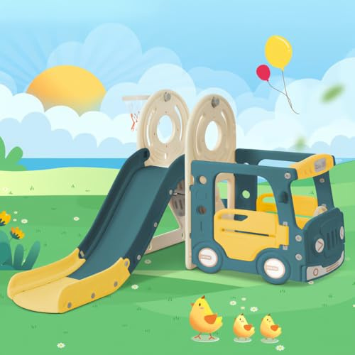 TUPOSTAR Kinderrutsche, 4-In-1-Rutsche Set FüR Kinder, Inklusive Bus, Rutsche, Leiter, Basketballkorb Und Passendem Basketball, Aus Hochdichtem Polyethylen,A