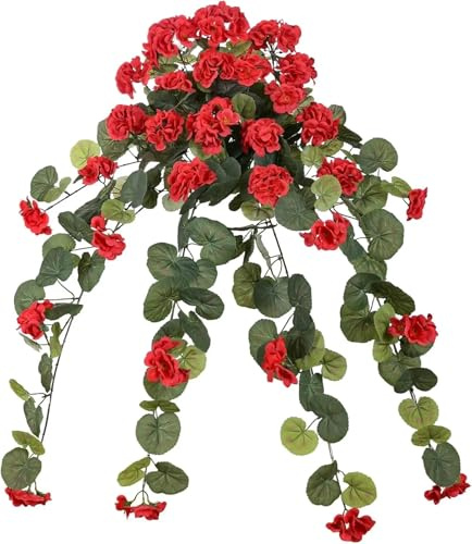 LSNNMU Flores Artificiales Colgantes 2 Enredaderas Artificiales de Geranio Rojo, Resistentes a los Rayos UV, con Flores Seda for decoración Paredes jardín y hogar