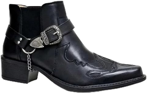 GIJMZY Cowboy stövlar herr vintage cowboystövlar för män, läder, högtopp, med kedjespänne och rem, punkskor, spetsig tå motorcykelstövlar för män, svart, 42 EU