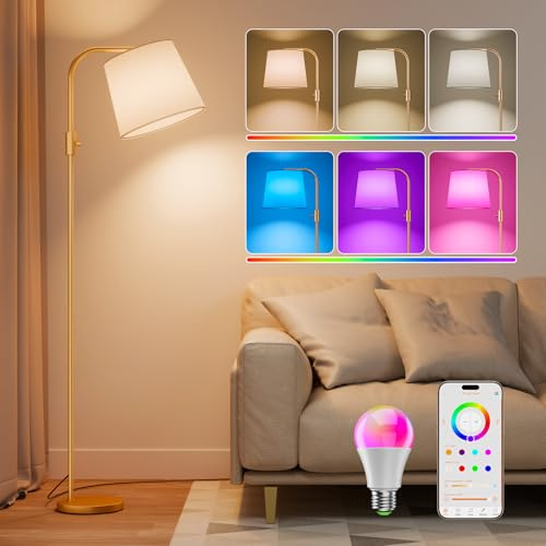 DUSKTEC Smarte Bogenstehlampe mit App-Steuerung, Kompatibel mit Alexa | 16 Mio. RGB-Farben, 2700–6000K Einstellbare Weißtöne, 1–100 % Dimmbar, Musikmodus, 1200lm, Leinenschirm, Kein Konto Nötig