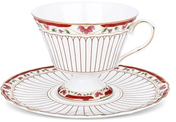 fanquare Vintage Set Tazzina da Caffè e Piattino in Porcellana 170ml,Tazza da Tè con Bordo Dorato e Motivo Floreale Rosa Tazza in Porcellana per Colazione Pomeriggio e Regalo,Bianco e Rosso