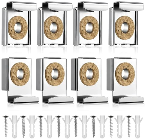 2 Set (8 Pezzi) Ganci per Specchio a Muro di Molle Argento - Supporto Specchio Muro Regolabili in Altezza con Cuscinetti Sughero, Clip per Specchios, per Specchi Bagno e Camera, Portata Fino a 12 kg