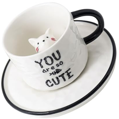 CATIEBYE Taza de Cerámica Gato Blanco 220 Ml Taza de Café y Té para Diseño de Dibujos Animados y Fácil de Limpiar para Uso Diario en Hogar y Oficina