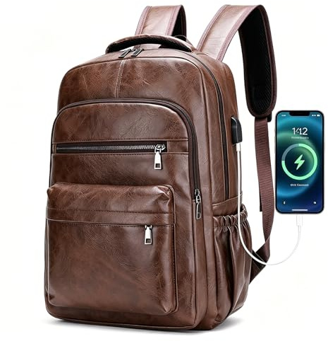 Lumavox Laptop Backpack Mens Travel Backpack with USB Charging Port, 15.6 inch Laptop Rucksack Water Resistant Leather Travel Rucksack Computer Bag, Coffee