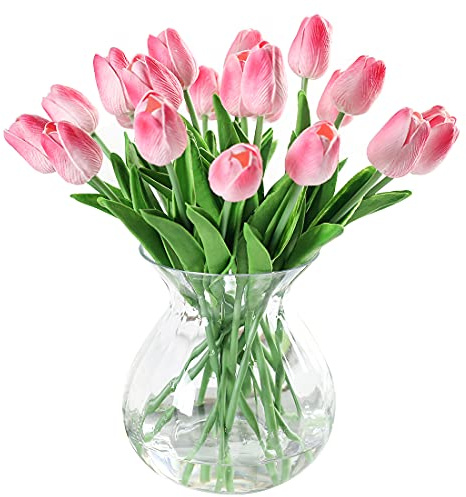 JUSTOYOU 10pcs Real Touch Latex Artificial Tulips Flowers Fake Tulips Flowers Wedding Bouquets for Wedding Home Garden Decoration (Pink)