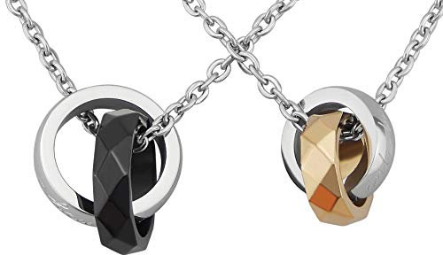 Hanessa Schmuck für Herren und Damen silberne Partner-ketten mit Ring-Anhänger in Gold/Schwarz Edelstahl Strass-Steine Herz Geschenk zu Weihnachten für Ehe-Mann/Ehe-Frau/Freund/Freundin