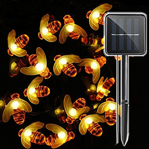 30 LED Funciona con energía solar abeja Luz al aire libre, Impermeable Hada Luces de cadena, Decoracion para Jardín, valla de flores, Patio, Césped, árboles, Fiesta, Hogar, Navidad (Blanco Cálido)