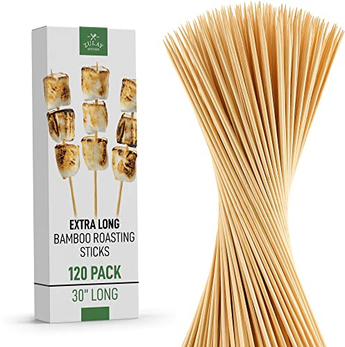 Zulay Kitchen Authentic Bamboo Marshmallow Smores Sticks - 30 Extra Long 5mm Heavy-Duty Bamboo Skewers - Ideal for Grilling & Camping