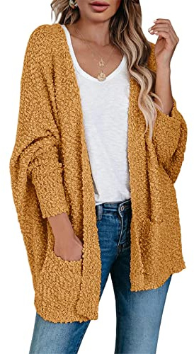 Saodimallsu Womens Chunky Popcorn Cardigan Oversized Open Front Boyfriend Batwing Long Sleeve Fuzzy Knit Sweaters (Medium, Yellow)