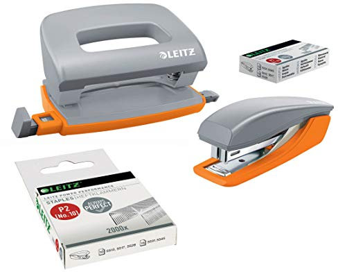 Leitz Urban Chic Mini-Heftgerät und -locher im Set, Für bis zu 10 Blatt, Inkl. Heftklammern, Grau, 55996088 (1 Set + 2000 Klammern extra (Neu))