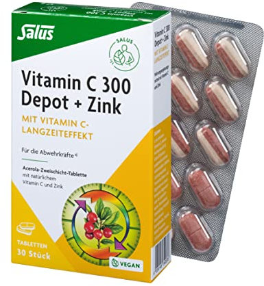 Salus C-300-Depot + Zink – 1x 30 Tabletten – Nahrungsergänzungsmittel mit Vitamin C und Zink - mit natürlichem Vitamin C aus Acerola - mit Vitamin C-Langzeiteffekt - vegan