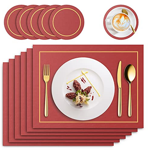 RIWNNI Manteles Individuales de Cuero PU, Juego de 6 Mantel Individual y 6 Posavasos, Lavables Antimanchas Antideslizante Salvamanteles Individuales, 41x31cm Rectangulares Salvamanteles, Rojo
