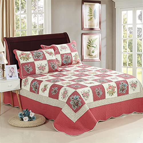 Tagesdecke Bettüberwurf 230x250cm Mit 2 Kissenbezüge 50x70cm, Patchwork Stil Kariert Gesteppte Decke Steppdecke Bettdecke Doppelbett (Rot)