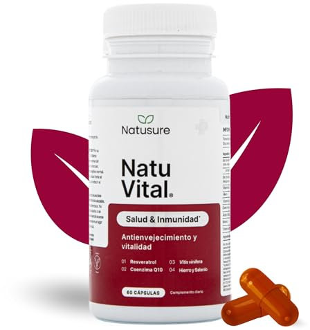 Natusure - NatuVital | Resveratrol Capsulas | Resveratrol Puro + Coenzima Q10 + Hierro + Selenio | Antioxidantes Capsulas | Resveratrol con Vitamina E, B12, y C | Resveratrol con Antioxidante y COQ10