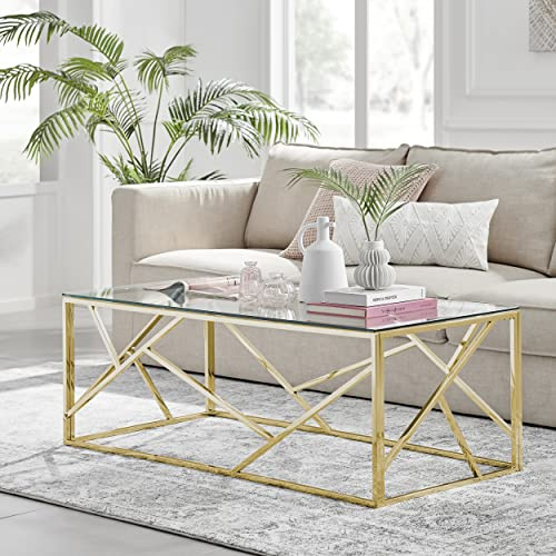 Furniturebox UK Coffee Table - Amalfi Gold Chrome Metal Table - Rectangular Clear Glass & Gold Chrome Table - Abstract Pattern - A Modern Glam Coffee Table - Sleek, Chic, Bright & Airy