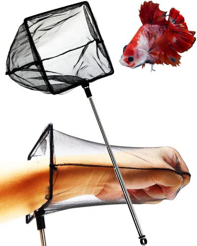 Aquarium Betta Fish Net Protect Delicate Fin, Soft Fine Deep Mesh Scooper w/Sturdy Extendable 7~14 Inch Stainless Steel Long Handle for Shrimp Fish Tank Small Pond & Pool (6 Inch Aquarium net)