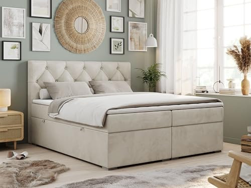 MKS MEBLE Boxspringbett 160x200 cm mit Matratze und Topper T25, Boxspringbett mit Bettkasten und Kopfteil - Alda - H3 Beige Velvet