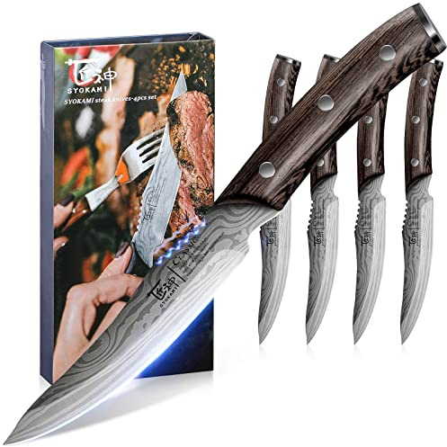 SYOKAMI Steak Knives Set of 4, 4.8 Inch Quality Japanese Style Smooth Edge Meat Knife with Wood Handle, Damascus Pattern Full Tang Design, Ultra Sharp Dinner Knives with Exquisite Box, Kitchen Gifts