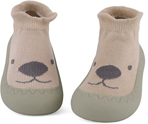 LACOFIA Calzini Scarpe Primi Passi Neonato Calze Antiscivolo Bambina con Suola in Gomma Leone Cachi 12-18 Mesi