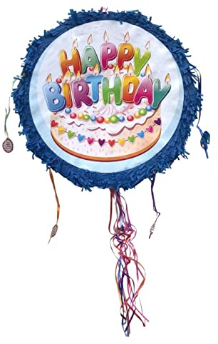 Pinata Happy Birthday rund zum Befüllen und Aufhängen zur Party-Deko, Kinder-Geburtstag, Maße: 50 x 50 x 10 cm