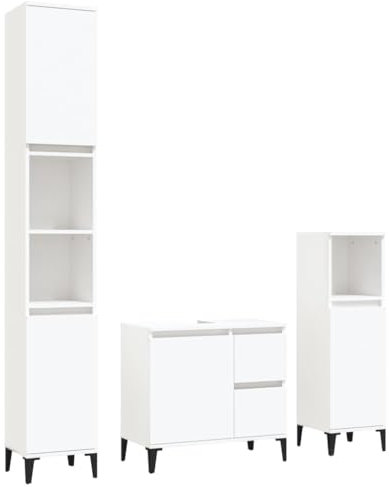 vidaXL Badmöbel Set 3-TLG., Badschrank Metallfüße, Badezimmer Unterschrank Hochschrank Midischrank, Badezimmermöbel, Weiß Holzwerkstoff