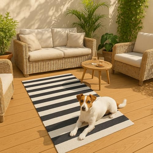 KAMACA Outdoor Teppich Maritim wetterfest UV beständig wendbar für Balkon Terrasse Garten Wohnmobil RV Camping Robuste Campingmatte für alle Außenbereiche (Teppich 90 x 150 cm blau Weiss)