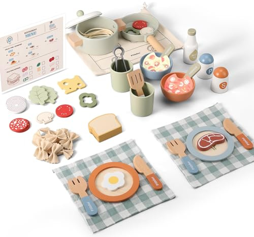 Pithfor Wooden Play Cooking Set, Pretend Play Kitchen Accessories Toys Set for Kids Toddlers, Including Play Dishes, Pot and Pan, Utensils, Gifts for 3 4 5 Years Old Girls Boys