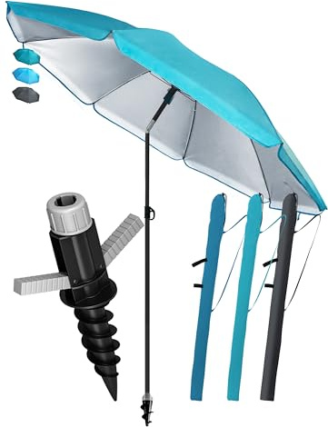 4smile Sonnenschirm Strand SunnyJoy Ø 180 cm, 3-IN-1 Set - UPF 50+ Strandschirm + Sonnenschirm Schutzhülle + Bodenhülse - Strandschirm windfest stabil, Sonnenschutz Strand, Gartenschirm, Türkis