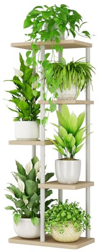 Bamworld Blumenständer Pflanzenständer Pflanzenregal Blumenregal Blumenständer holz 5 Etagen Metall Garten Ecke Balkon Wohnzimmer(Weiß)