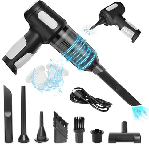 Jimerp 3 en 1 9000PA Aspiradora de Mano Aspirador Coche Mini Aspiradora Portátil Recargable de Mano con 2 Filtros/Carga Tipo C para Coche, Cocina, Casa, Pelo de Mascotas (Negro)