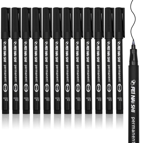 VEGCOO 12 Pack Black Permanent Marker Pens, 0.6mm Fine Tip Permanent Markers set, Black Marker Pen Quick Drying & Waterproof Fineliner for Glass Plastic Canvas Wood Stone DIY