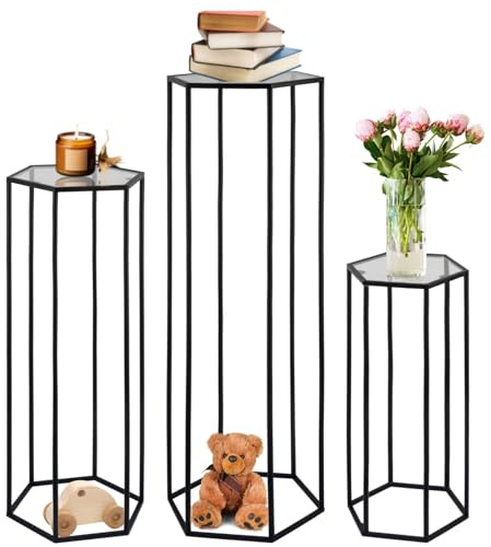 Merrifete 3PCS Hexagon Black Plant Stand Flower Stand for Party, Tall Metal Pedestal Stands for Display Decoration, Cake, Birthday, Wedding, Baby or Bridal Shower, Cylinder Column for Desserts