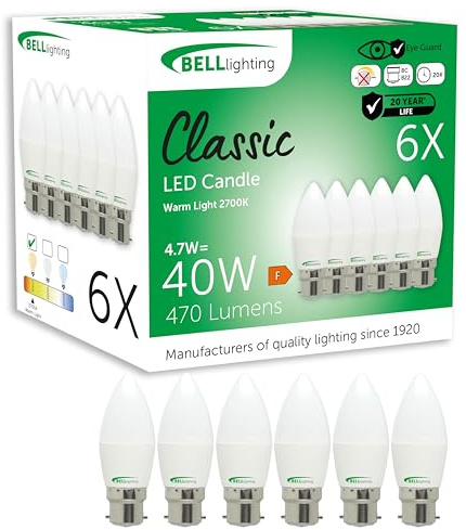 BELL Lighting B22 Bayonet Energy Saving LED Candle Bulbs Warm White 6 Pack | Energy saving B22 bayonet LED candle bulbs with 2700K warm white light, 470lm brightness and 40W equivalent output for lamps.