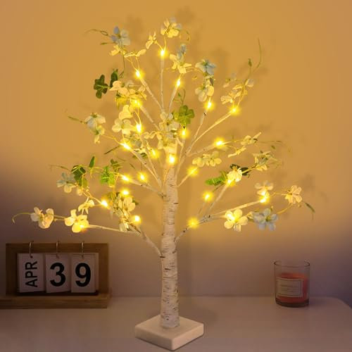 LED Baum Lichter für Frühlingsdeko St. Patrick's Day Deko,Baumbeleuchtung Innen 24 Lichterbaum mit 24 LEDs,Klee Baum Lampe Dekolampe,Lichterkette Innen Dekobaum für Hochzeit Party Wohnzimmer (Weiß)