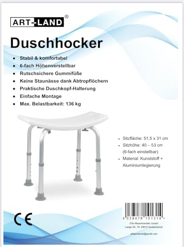 Art-Land Duschhocker, 6-Fach höhenverstellbar 40-53 cm, Sitzfläche 51,5x31 cm, Belastbar bis 136 kg, Rutschsicher, Weiß