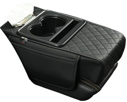 dzqad Auto Armlehnen Polster, Auto Mittelkonsole Armlehne Kissen, wasserdichte Auto-Armlehnen-Schutzhülle mit Getränkehalter, Multifunktionales Bezugskissen mit Taschentuchbox-Spender, Schwarz