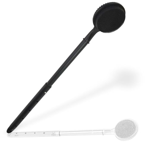 OZNER 24 Inches Silicone Back Scrubber for Shower - Extendable Long Handle Shower Brush with Dual-Sided Bristles - Exfoliating Body Scrubber for Sensitive Skin - Perfect for Men & Women (Black)